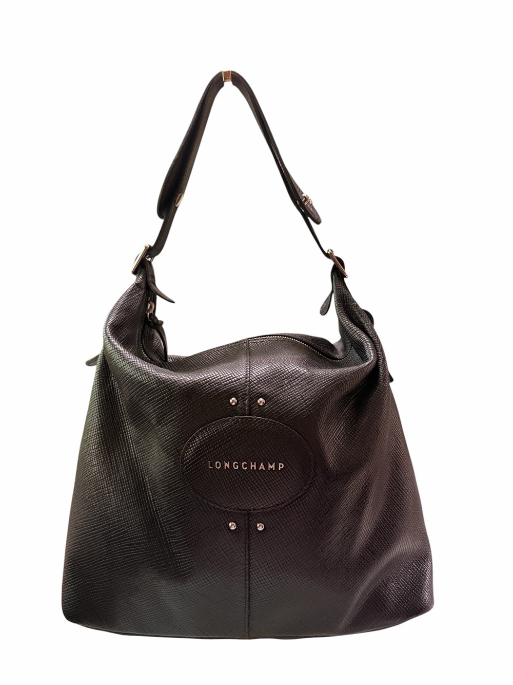 Longchamp Black Textured Leather Hobo Shoulder Bag